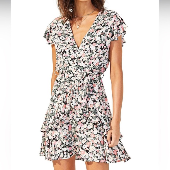 MINKPINK Dresses & Skirts - MINK PINK Dress Womens Small Floral Print Good Girl Faux Wrap Flutter Sleeve